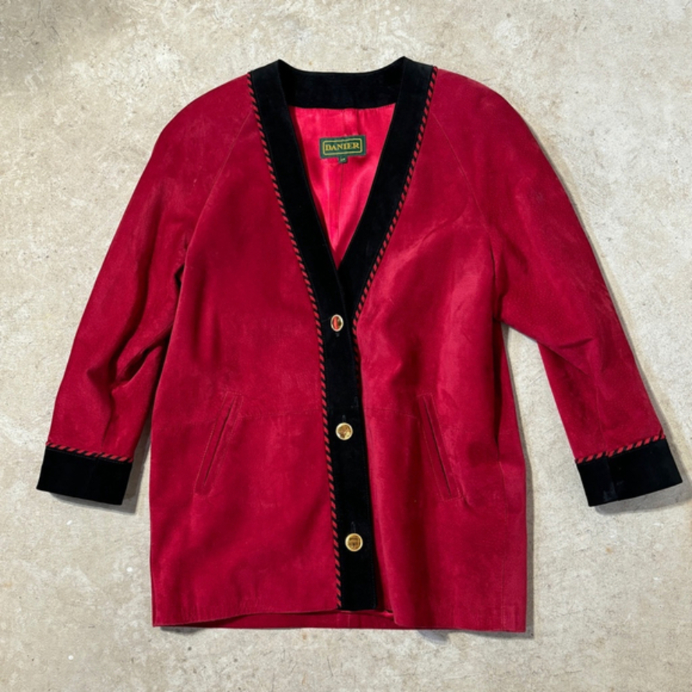 Danier Red Suede Leather Jacket Blazer Women’s Small Black Trim Gold Button Up